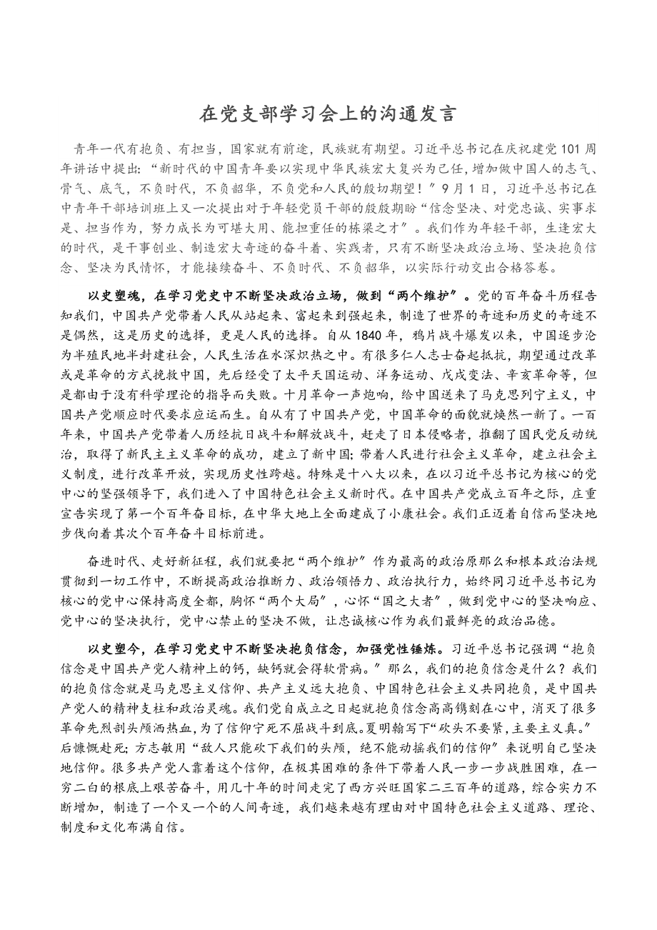 2023年在党支部学习会上的交流发言.doc_第1页