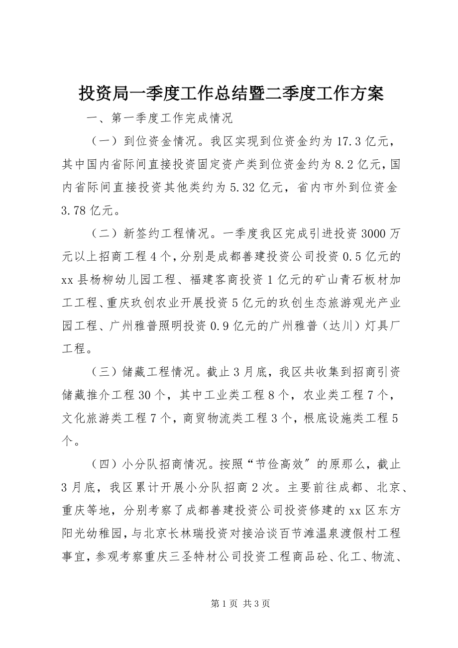 2023年投资局一季度工作总结暨二季度工作计划.docx_第1页