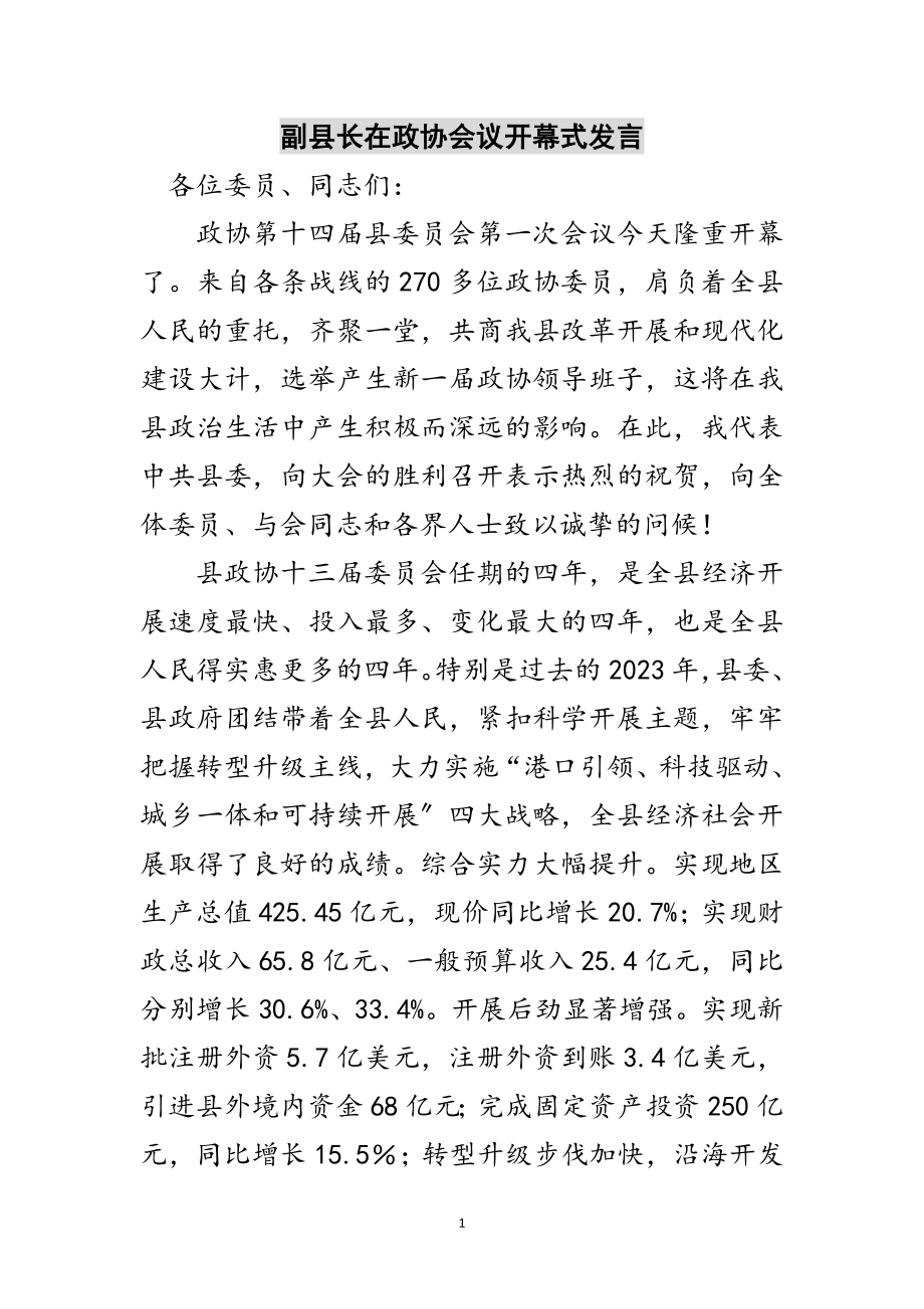 2023年副县长在政协会议开幕式发言范文.doc_第1页