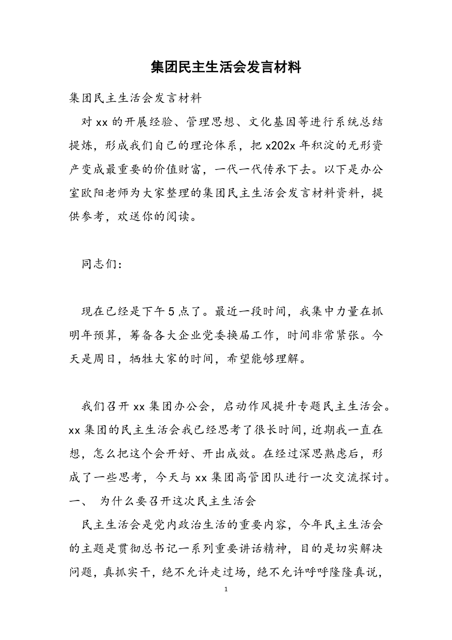 2023年集团民主生活会发言材料.docx_第1页