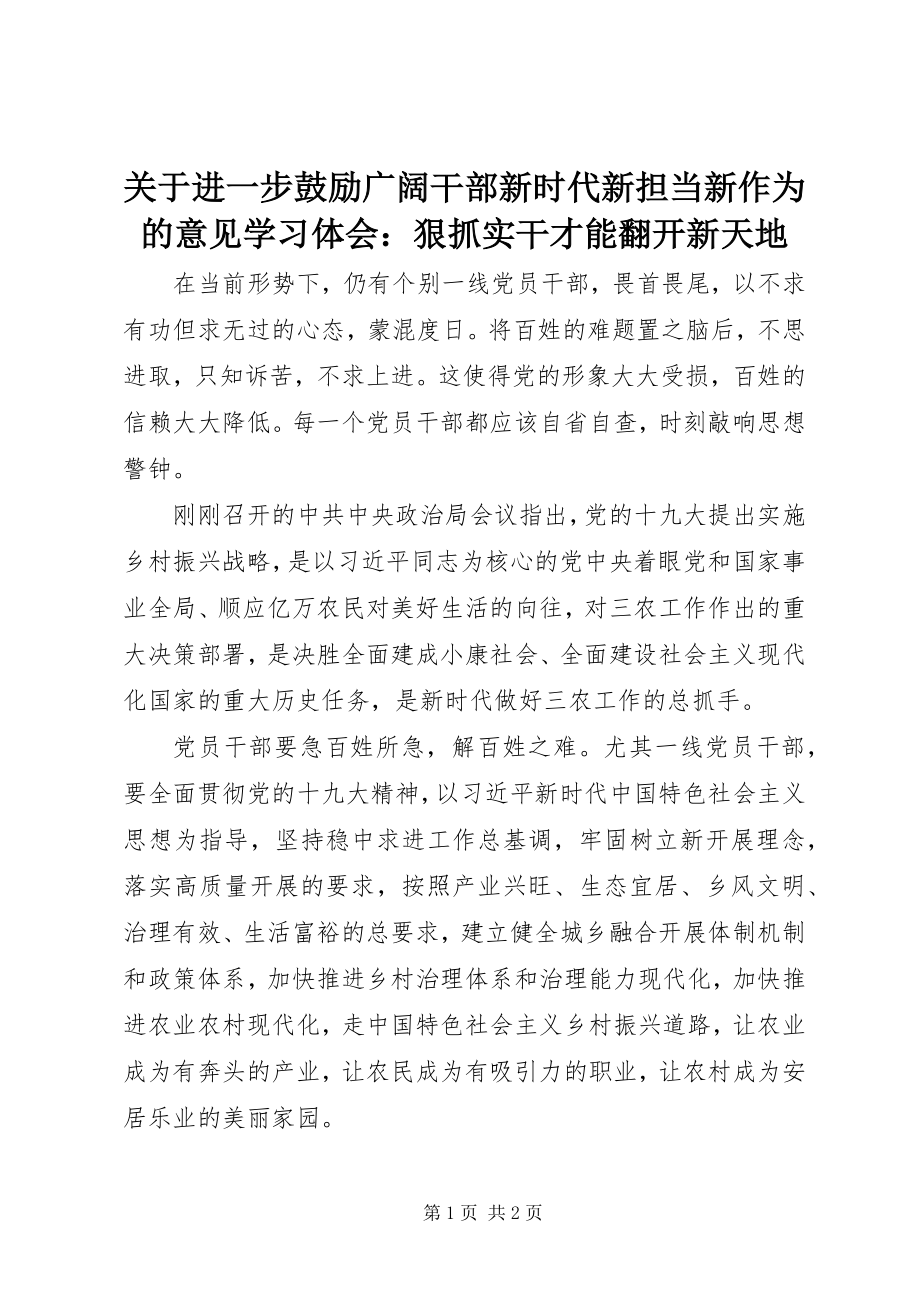 2023年《关于进一步激励广大干部新时代新担当新作为的意见》学习体会狠抓实干才能打开新天地新编.docx_第1页