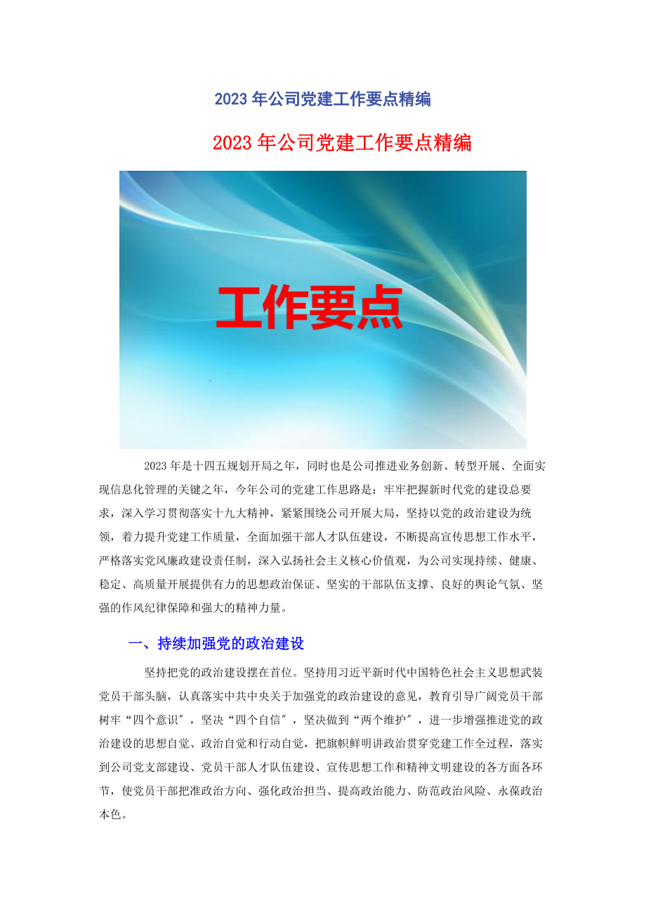 2023年公司党建工作要点精编.docx_第1页