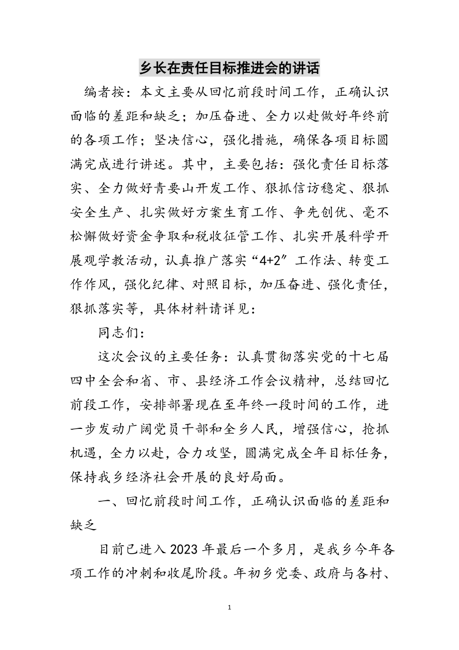 2023年乡长在责任目标推进会的讲话范文.doc_第1页