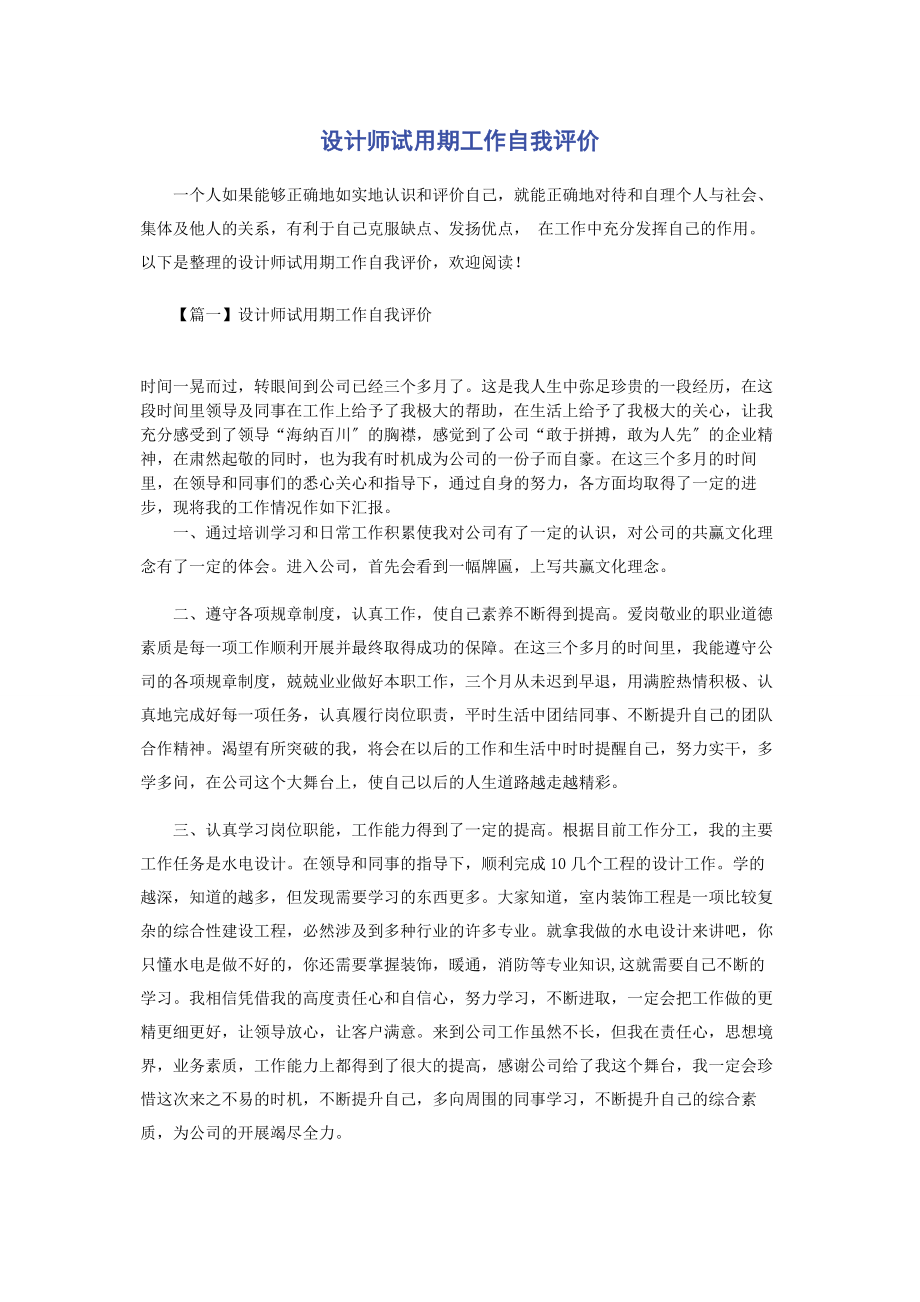 2023年设计师试用期工作自我评价.docx_第1页