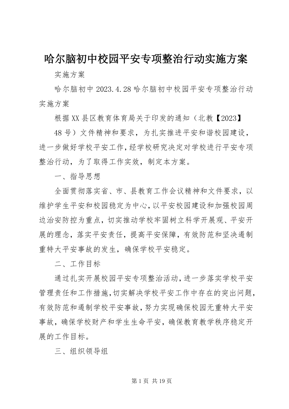 2023年哈尔脑初中校园安全专项整治行动实施方案.docx_第1页