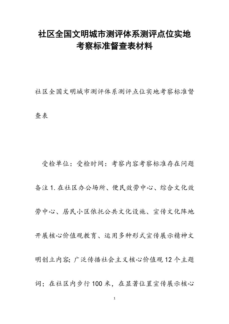 2023年社区全国文明城市测评体系测评点位实地考察标准督查表.docx_第1页