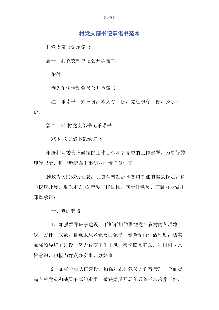 2023年村党支部书记承诺书范本范文.docx_第1页