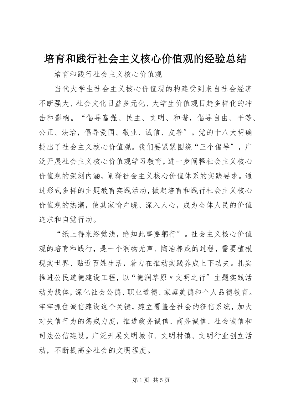 2023年培育和践行社会主义核心价值观的经验总结.docx_第1页