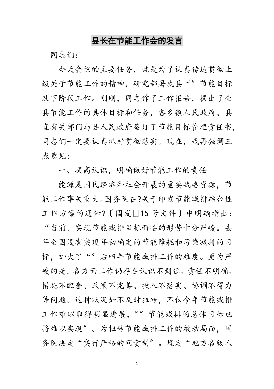 2023年县长在节能工作会的发言范文.doc_第1页