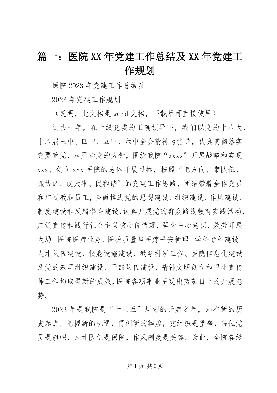 2023年医院党建工作总结及党建工作规划.docx_第1页