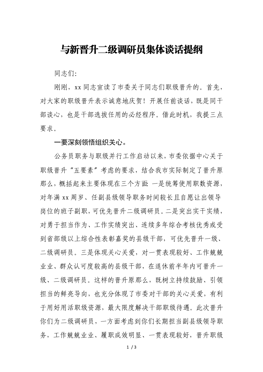 2023年与新晋升二级调研员集体谈话提纲.doc_第1页