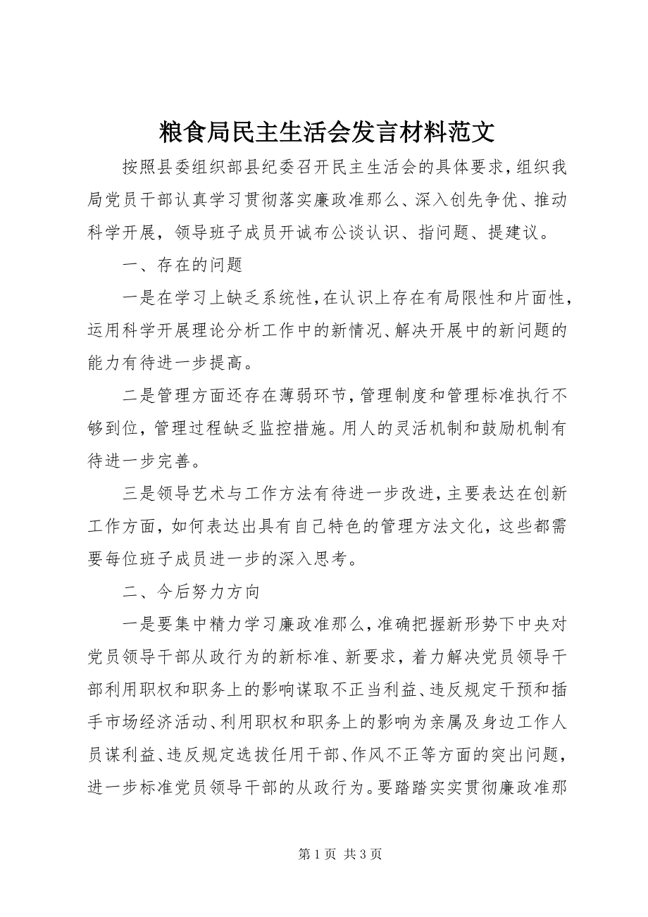 2023年粮食局民主生活会讲话材料.docx_第1页