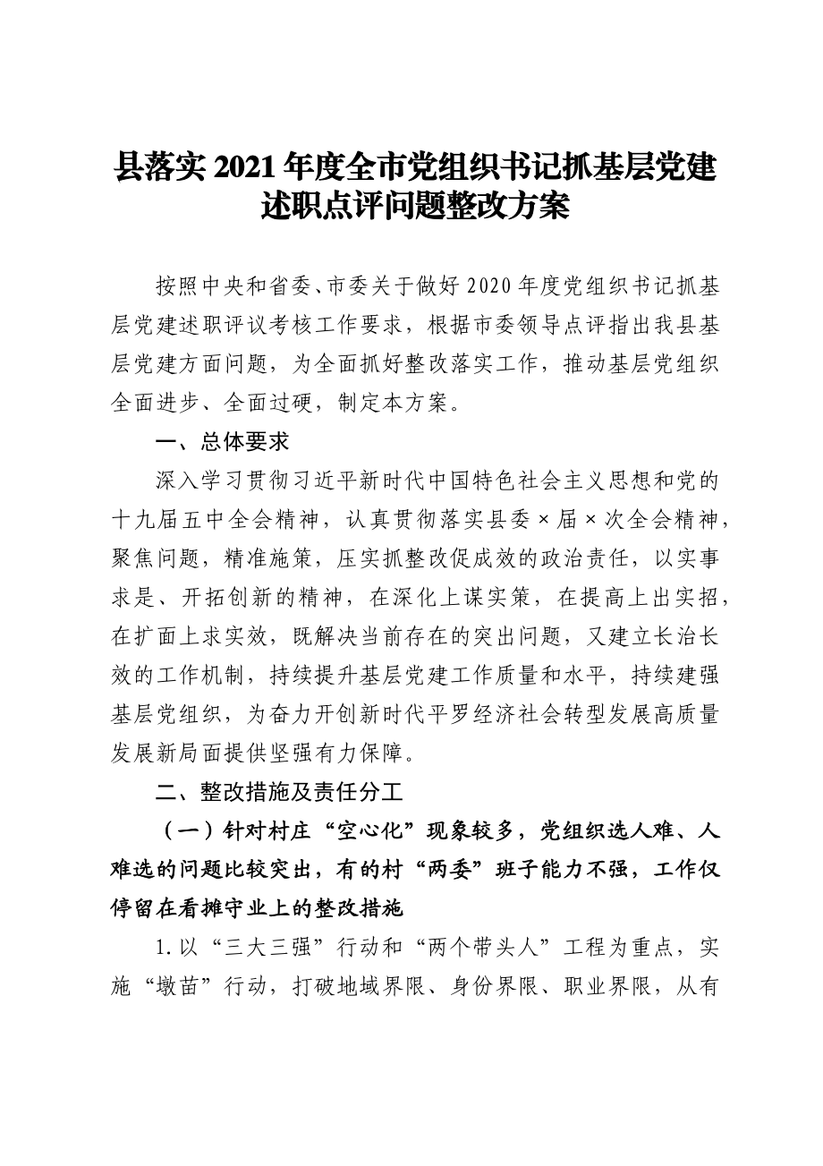 县落实2021年度全市党组织书记抓基层党建述职点评问题整改方案.docx_第1页