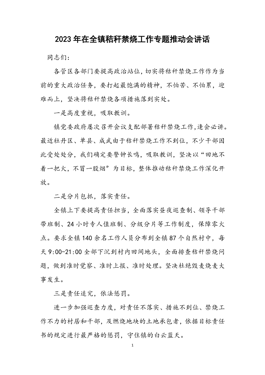 2023年在全镇秸秆禁烧工作专题推进会讲话.docx_第1页