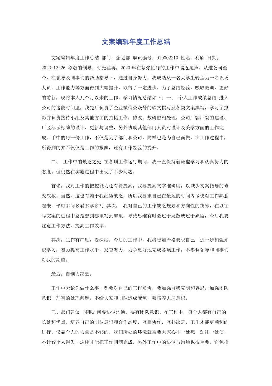 2023年文案编辑年度工作总结.docx_第1页