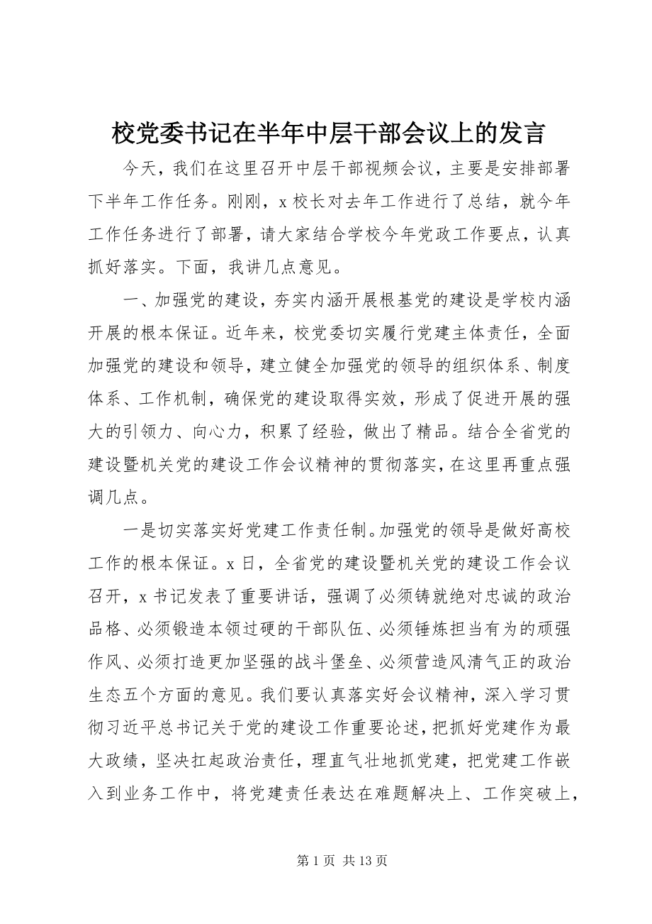 2023年校党委书记在半年中层干部会议上的讲话.docx_第1页