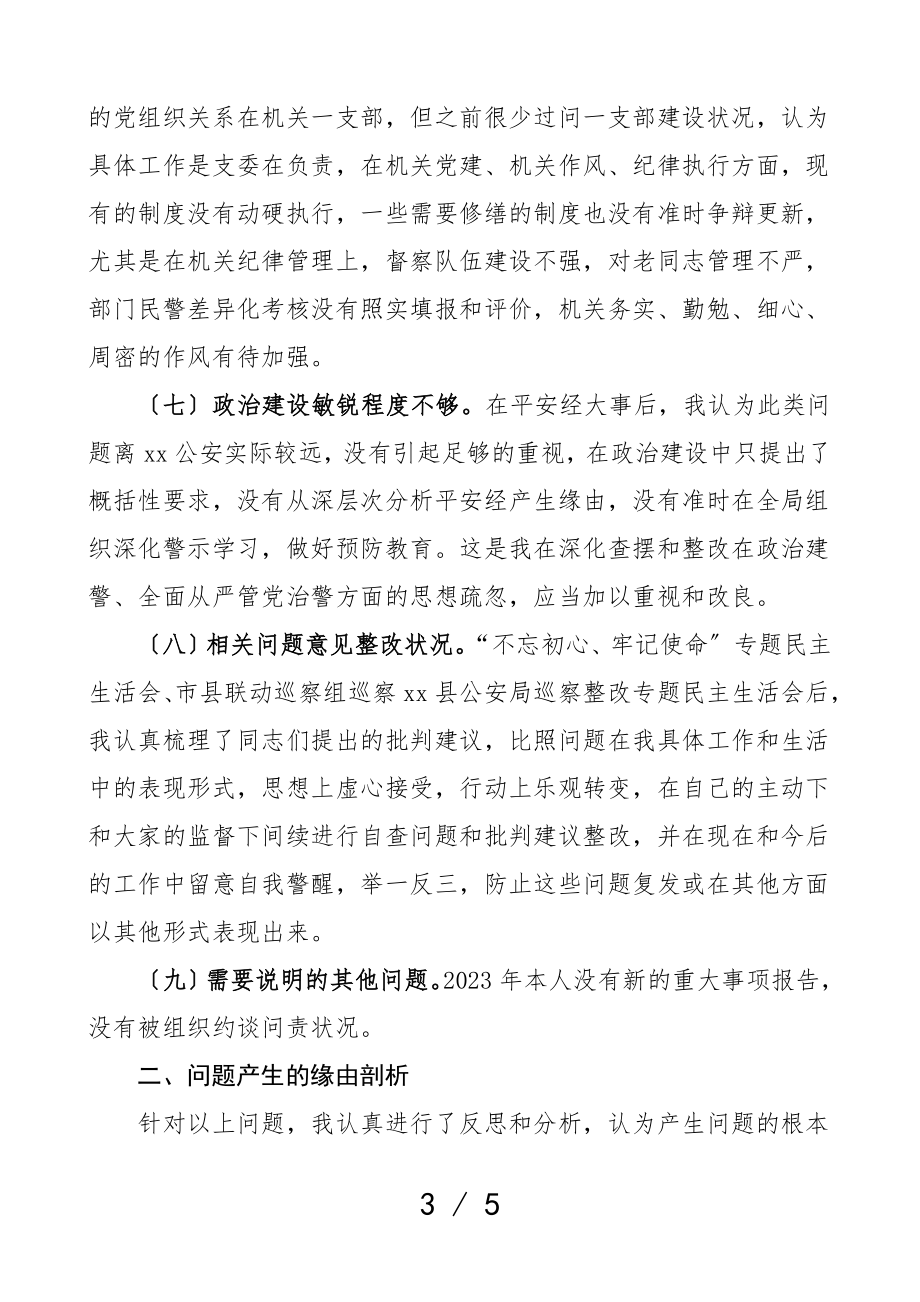 2023年个人对照检查县公安局党委班子成员民主生活会个人对照检查材料检视剖析发言提纲.doc_第3页