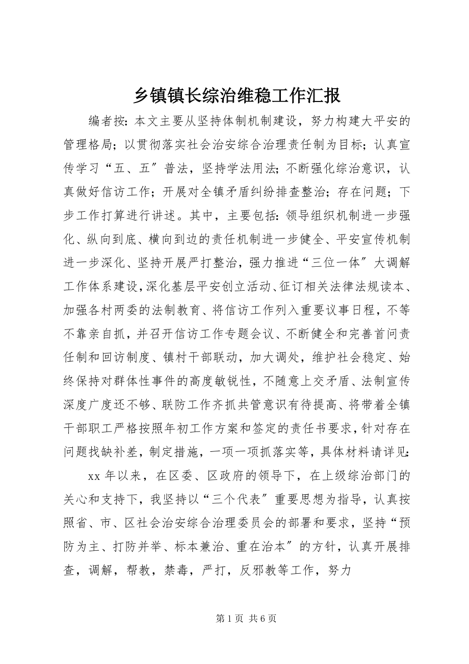 2023年乡镇镇长综治维稳工作汇报.docx_第1页