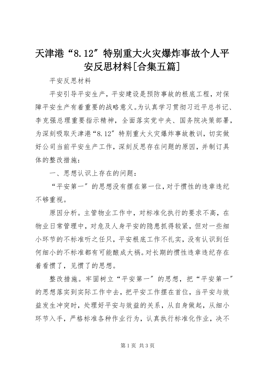 2023年天津港“812”特别重大火灾爆炸事故个人安全反思材料合集五篇.docx_第1页