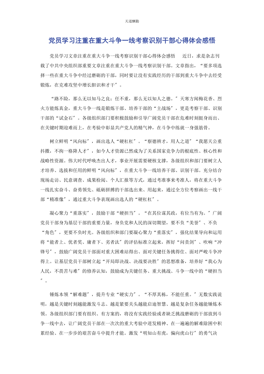 2023年党员学习《注重在重大斗争线考察识别干部》心得体会感悟.docx_第1页