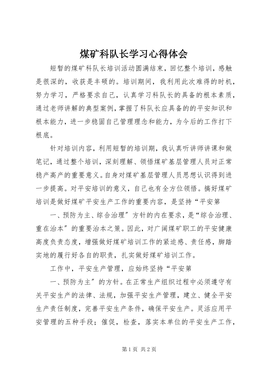 2023年煤矿科队长学习心得体会.docx_第1页