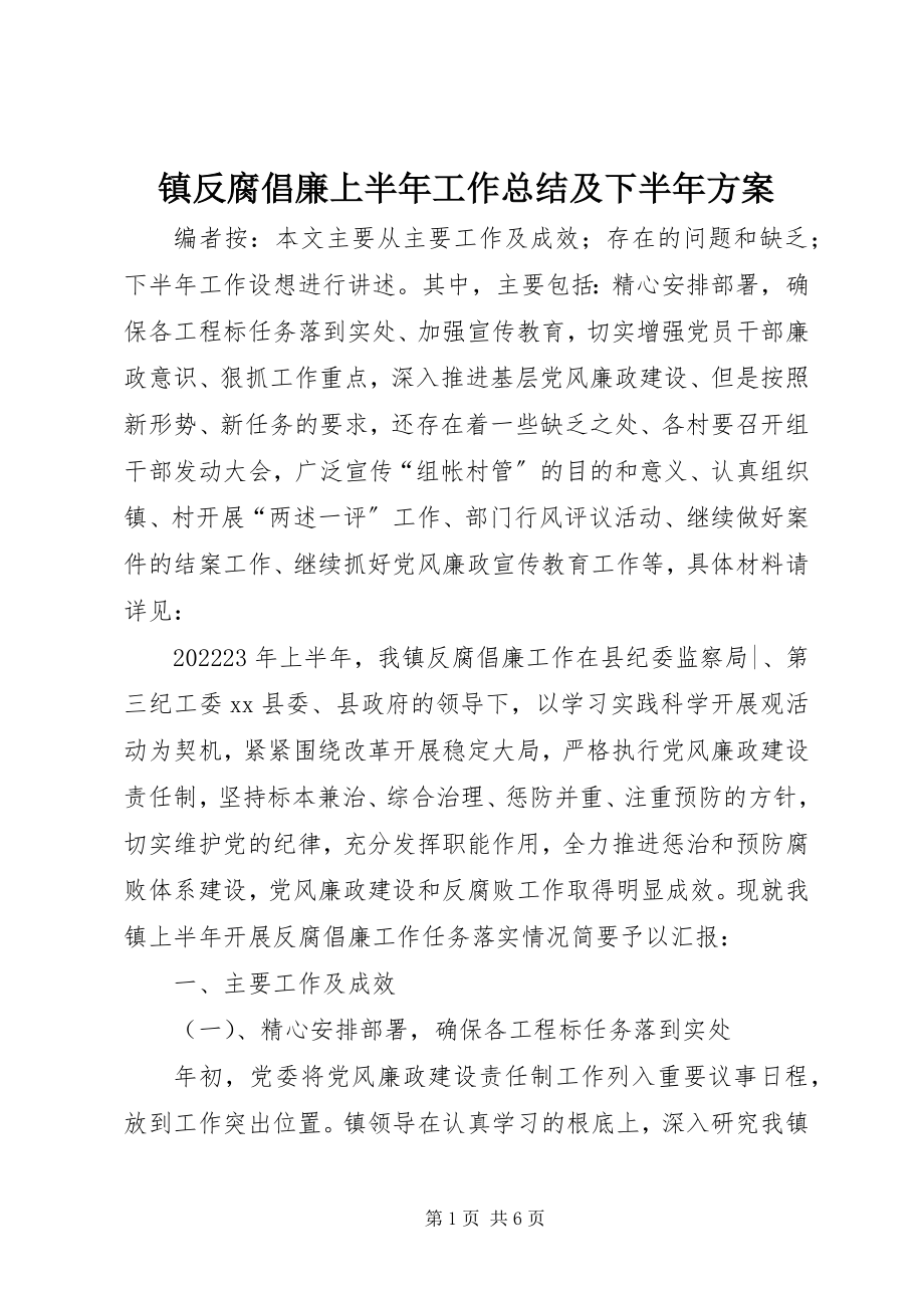 2023年镇反腐倡廉上半年工作总结及下半年计划.docx_第1页