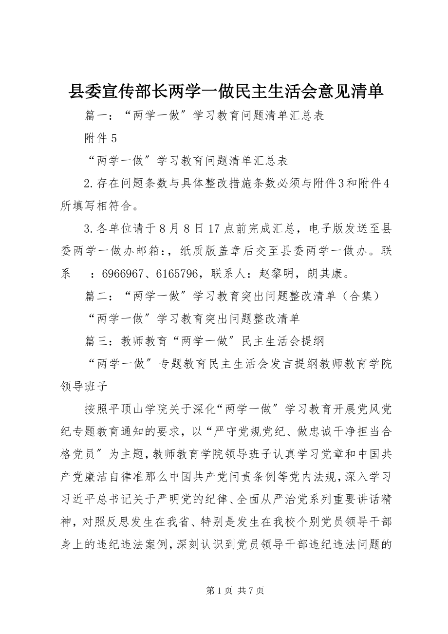 2023年县委宣传部长两学一做民主生活会意见清单.docx_第1页