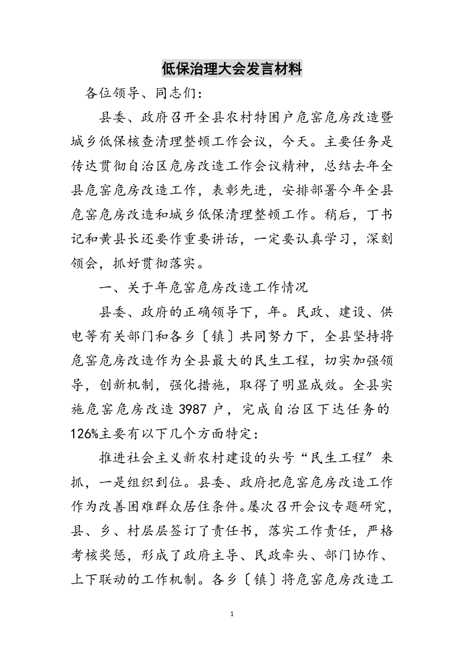 2023年低保治理大会发言材料范文.doc_第1页