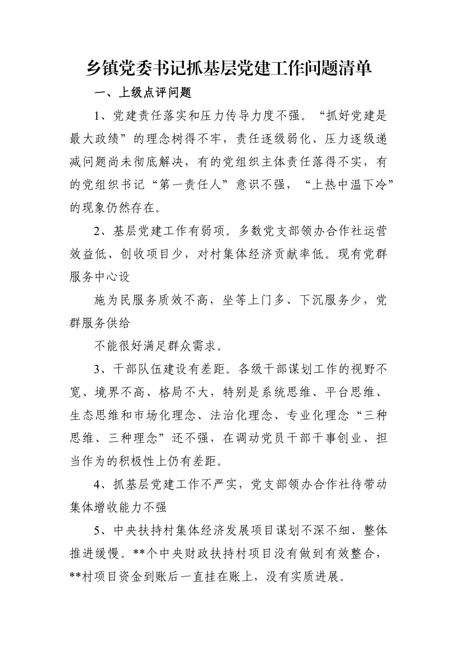 乡镇：党委书记抓基层党建工作问题清单.docx_第1页