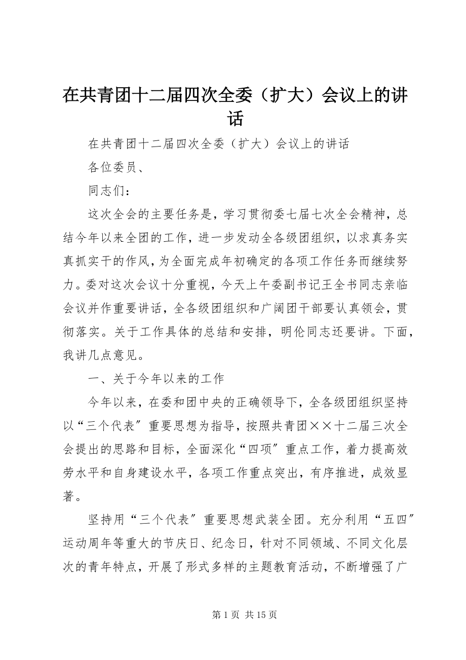 2023年在共青团十二届四次全委会议上的致辞.docx_第1页