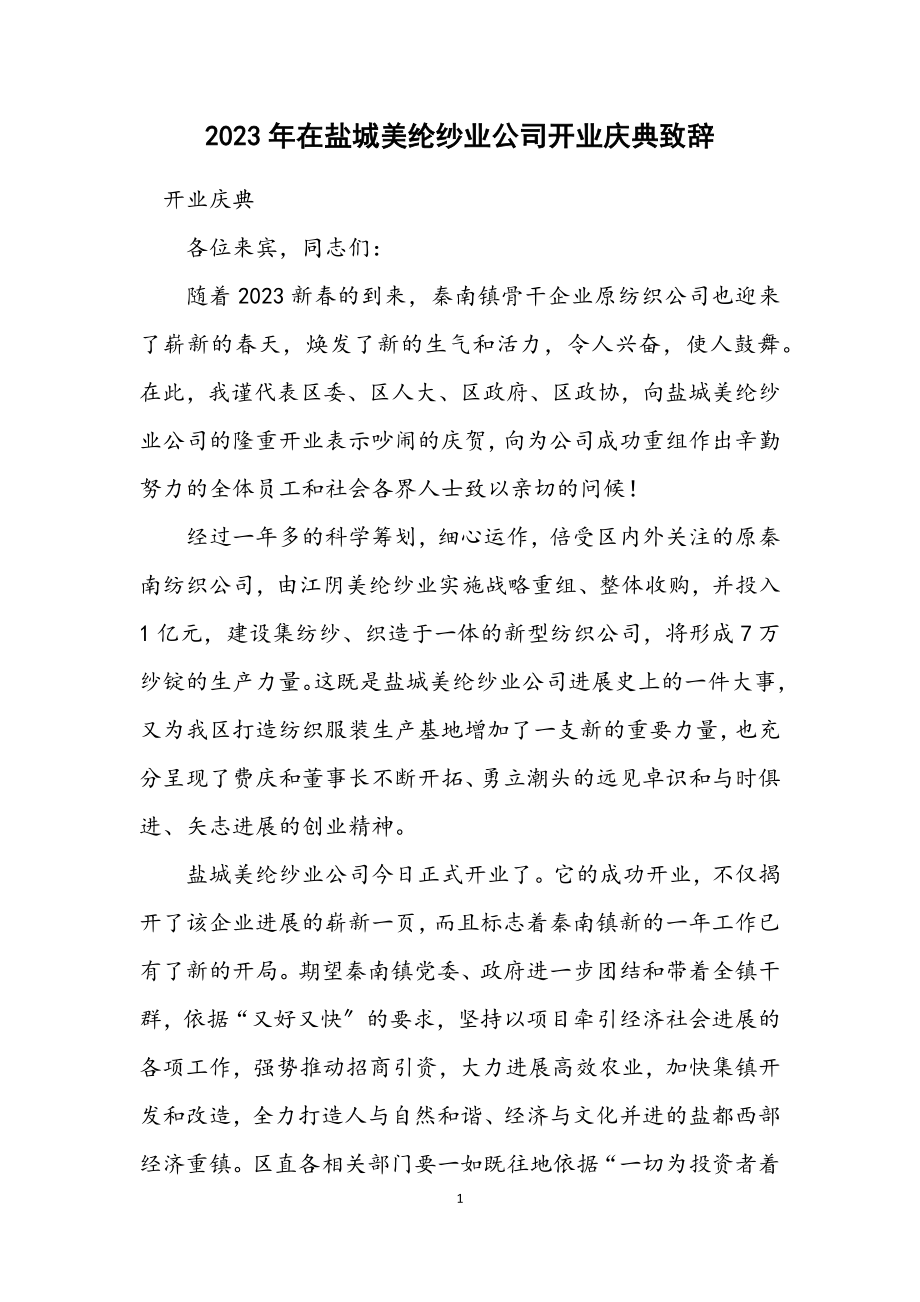 2023年在盐城美纶纱业公司开业庆典致辞.docx_第1页