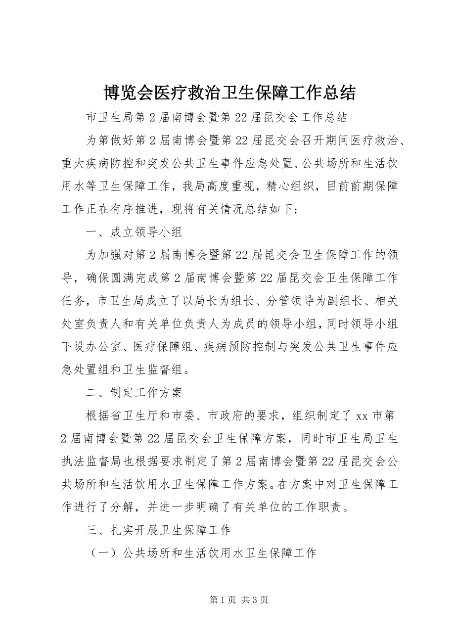 2023年博览会医疗救治卫生保障工作总结新编.docx_第1页