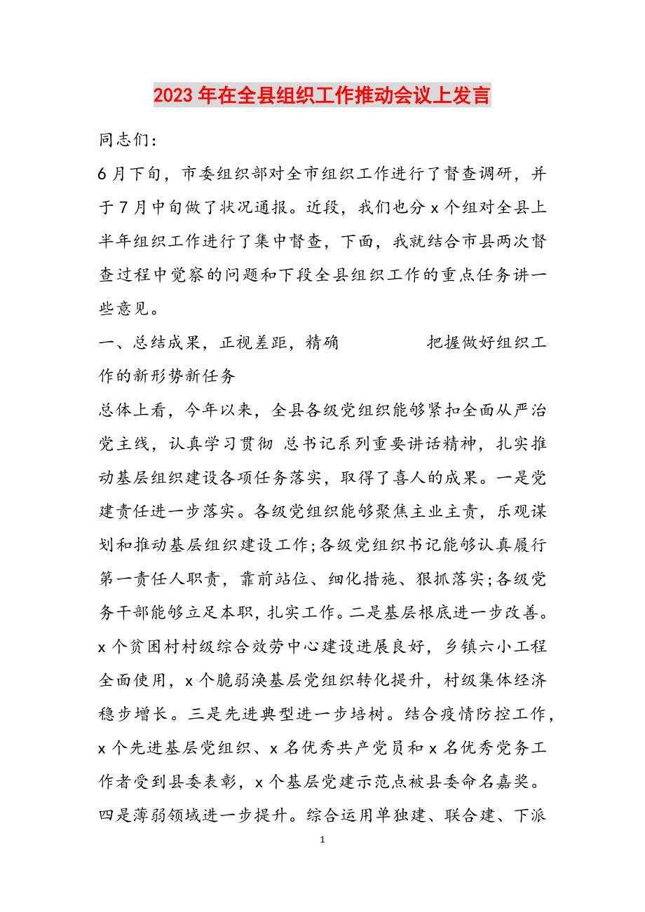 2023年在全县组织工作推进会议上发言.doc_第1页