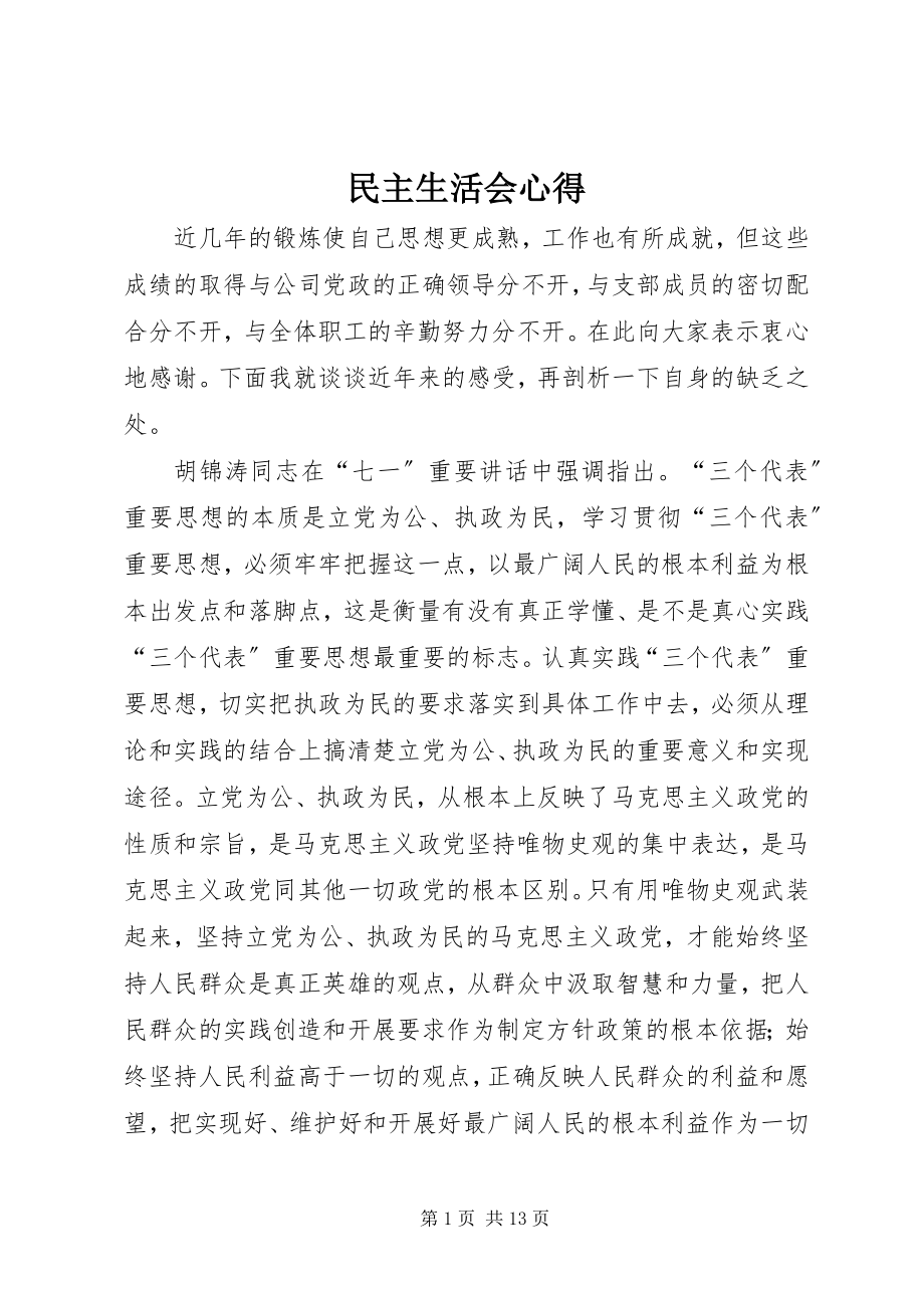 2023年民主生活会心得.docx_第1页