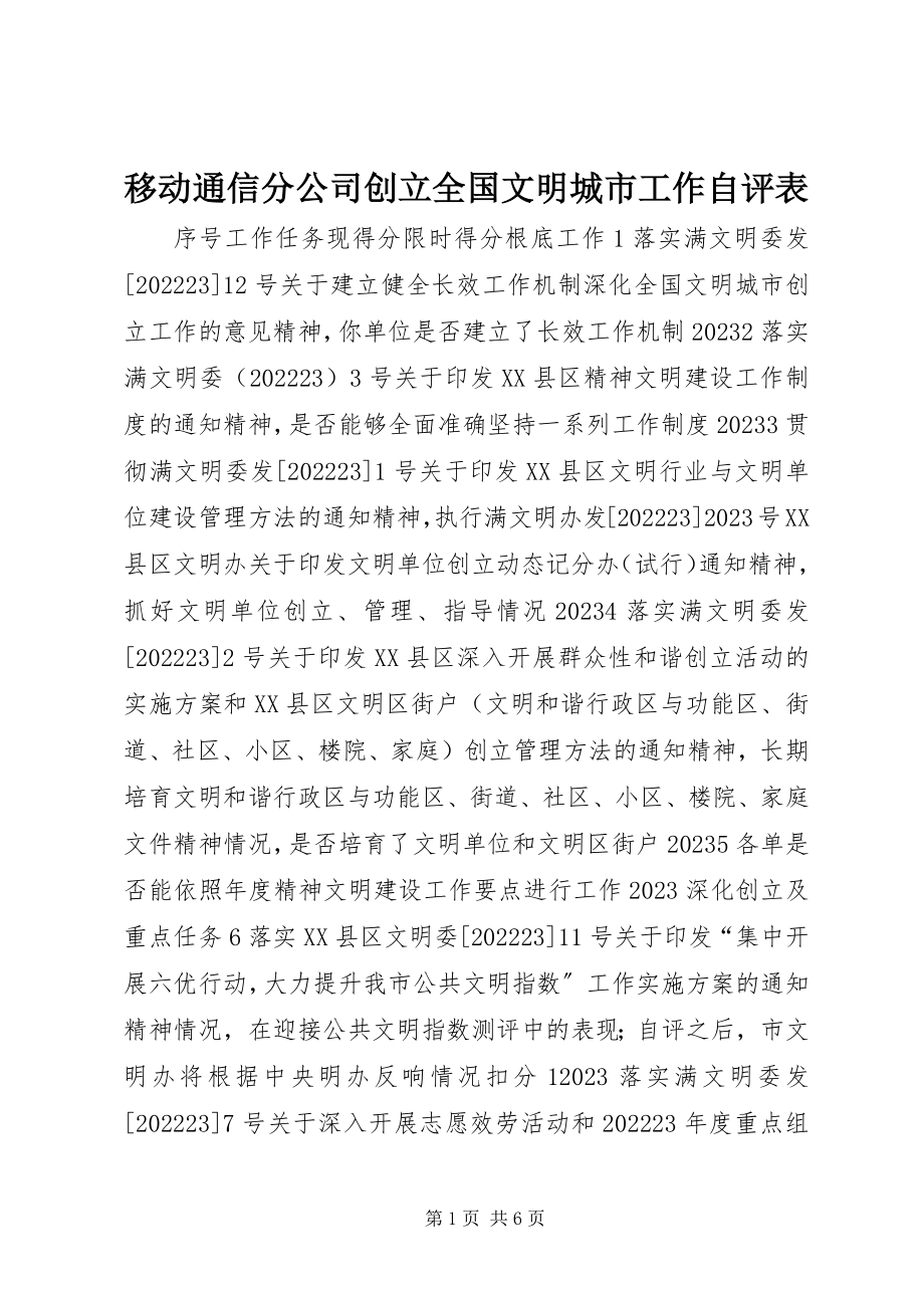 2023年移动通信分公司创建全国文明城市工作自评表.docx_第1页