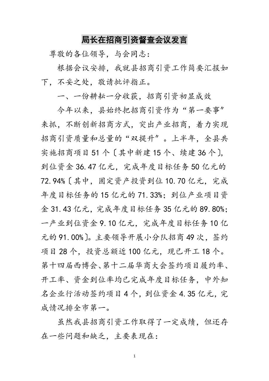 2023年局长在招商引资督查会议发言范文.doc_第1页