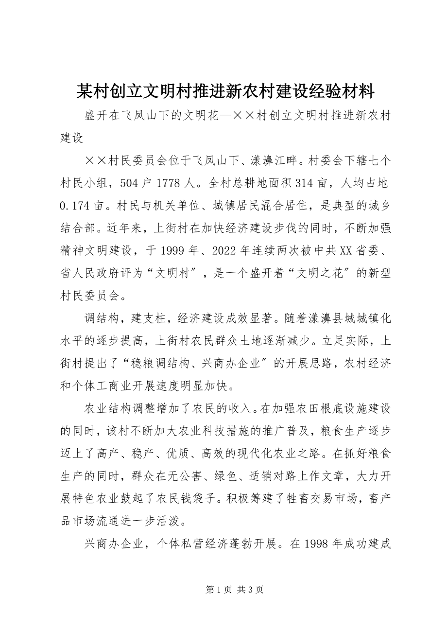 2023年某村创建文明村推进新农村建设经验材料.docx_第1页