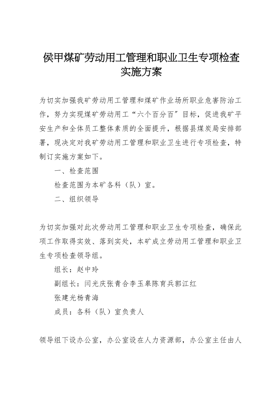 2023年侯甲煤矿劳动用工管理和职业卫生专项检查实施方案.doc_第1页