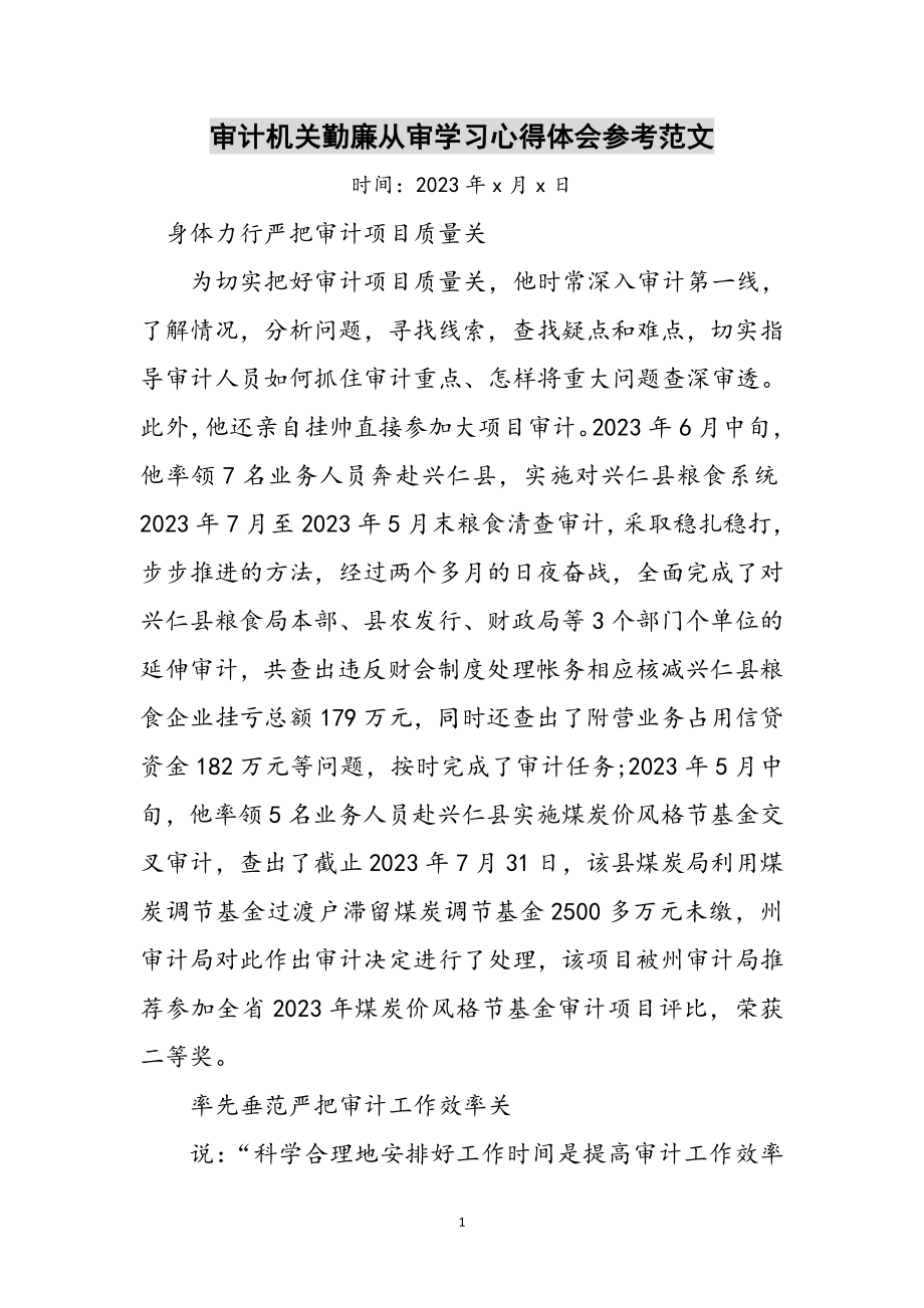 2023年审计机关勤廉从审学习心得体会参考范文.doc_第1页