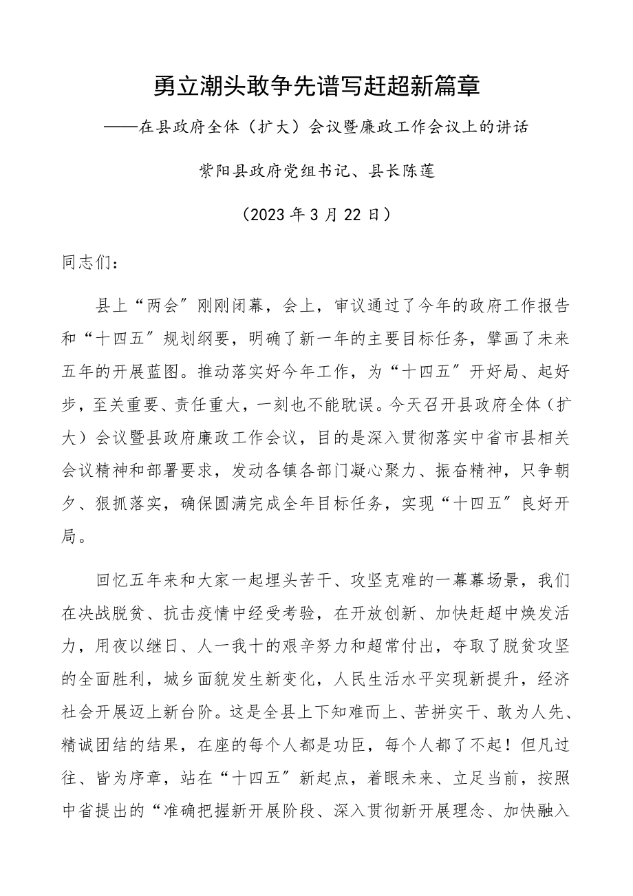 2023年县政府全体会议暨廉政工作会议上的讲话领导讲话精编.docx_第1页