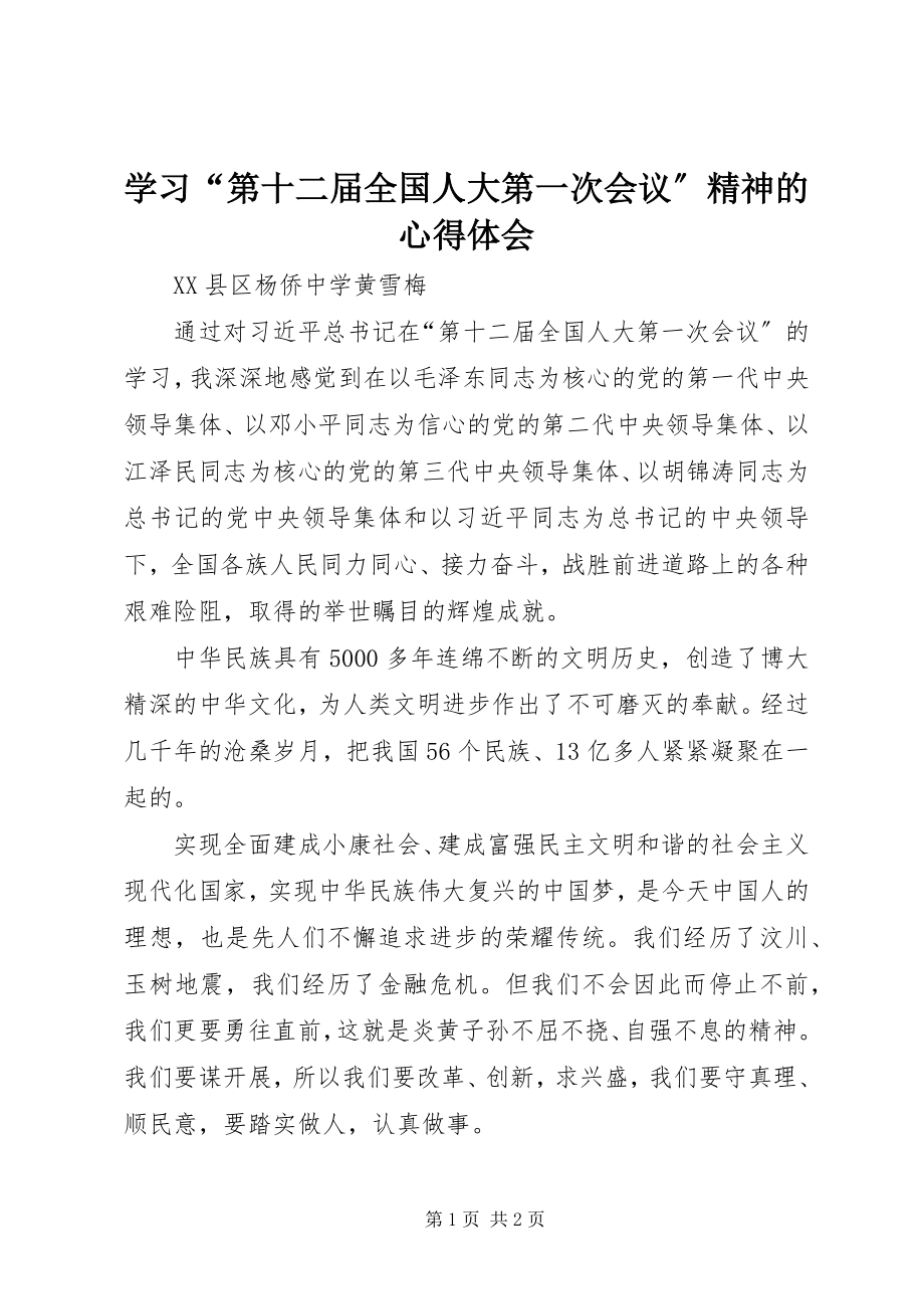 2023年学习“第十二届全国人大第一次会议”精神的心得体会.docx_第1页