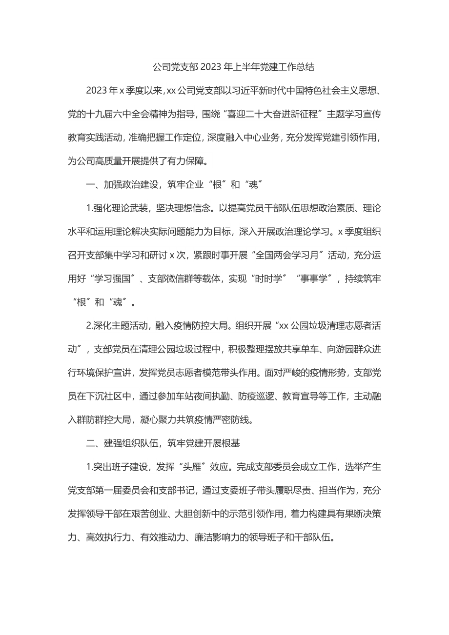 公司党支部上半年党建工作总结.docx_第1页