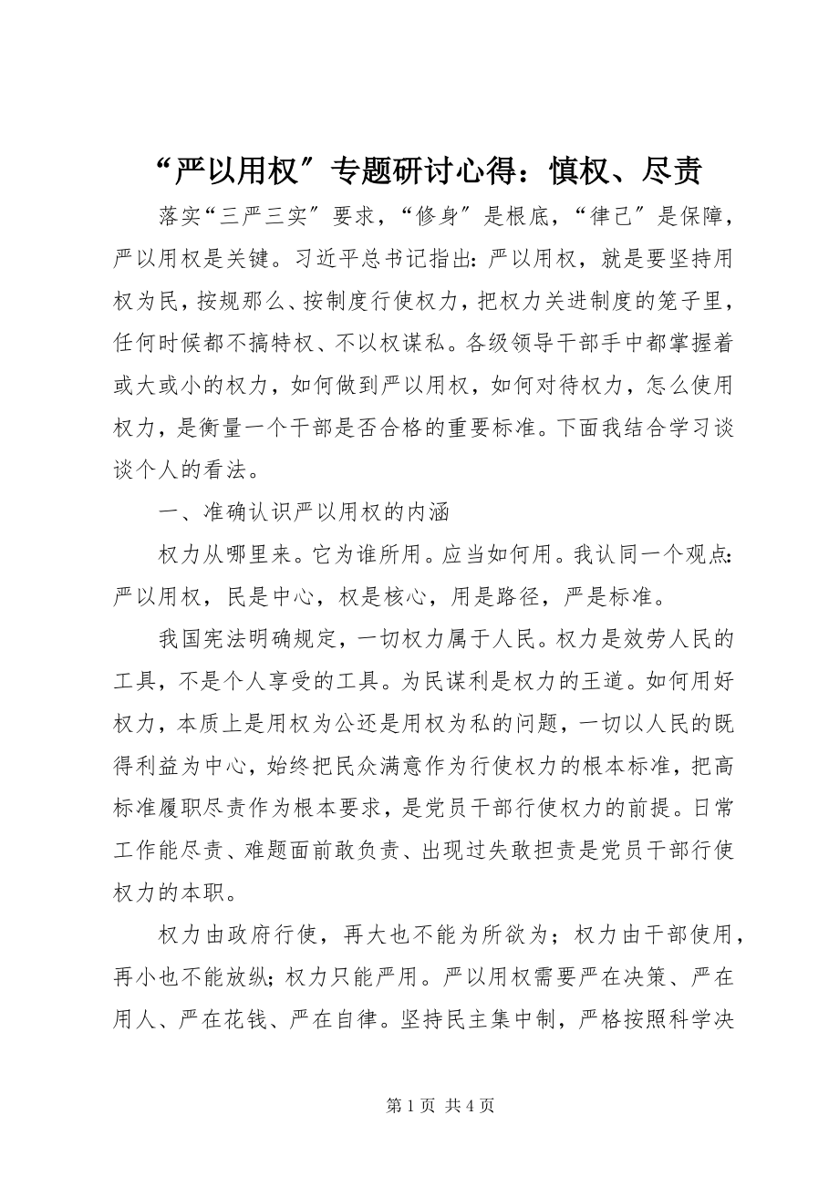 2023年“严以用权”专题研讨心得慎权尽责新编.docx_第1页