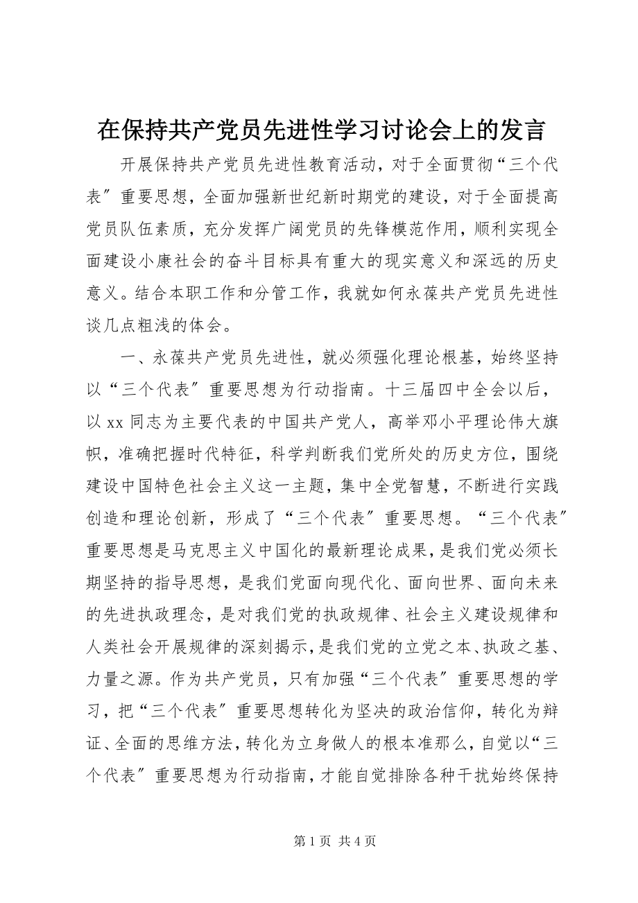 2023年在保持共产党员先进性学习讨论会上的讲话.docx_第1页