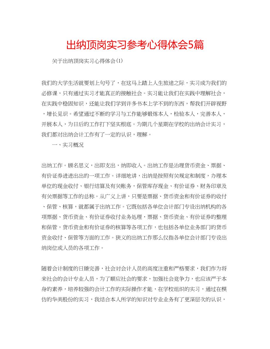 2023年出纳顶岗实习心得体会5篇.docx_第1页