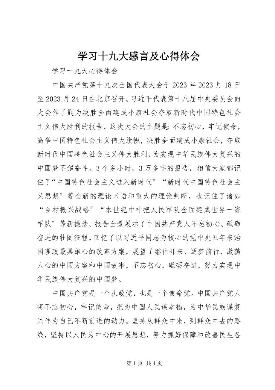 2023年学习十九大感言及心得体会.docx_第1页