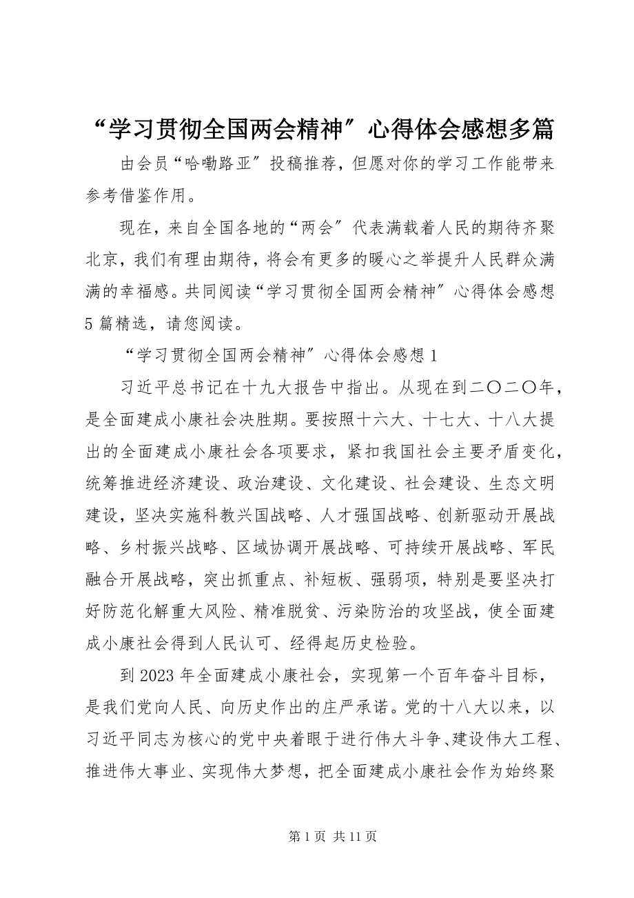 2023年学习贯彻全国两会精神心得体会感想多篇.docx_第1页