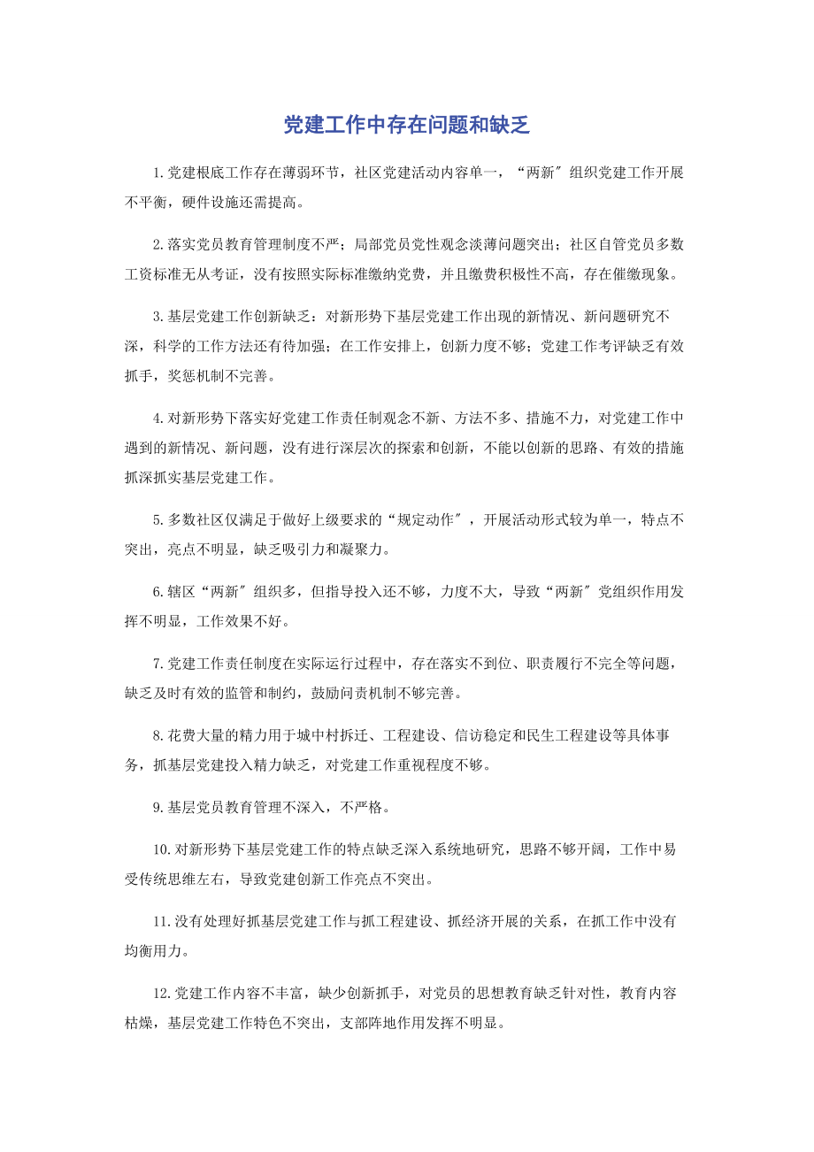 2023年党建工作中存在问题和不足.docx_第1页