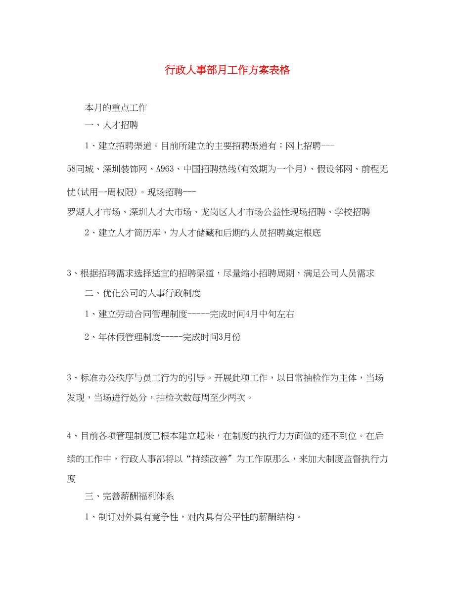 2023年行政人事部月工作计划表格.docx_第1页