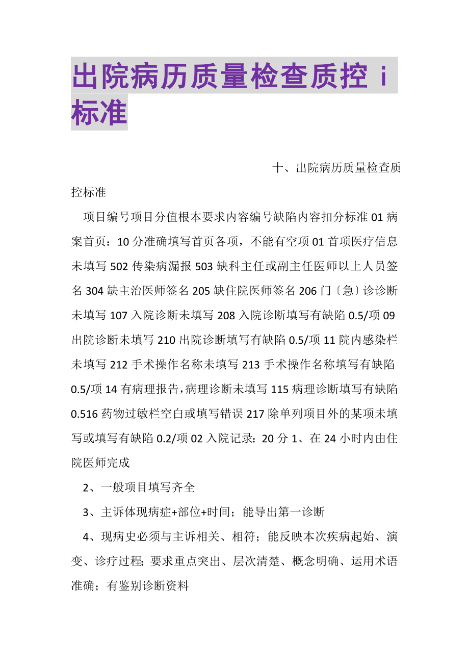 2023年出院病历质量检查质控I标准.doc_第1页